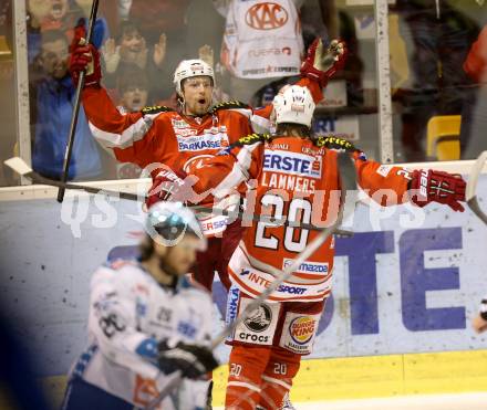 EBEL. Eishockey Bundesliga. EC KAC gegen EHC Liwest Black Wings Linz.  Torjubel Jamie Lundmark, John Lammers (KAC). Klagenfurt, am 19.3.2013.
Foto: Kuess 


---
pressefotos, pressefotografie, kuess, qs, qspictures, sport, bild, bilder, bilddatenbank