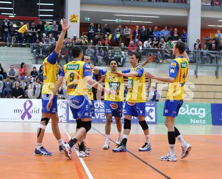 Volleyball. AVL-Halbfinale. SK Aich/Dob gegen Amstetten.  Jubel (Aich/Dob). Bleiburg, 23.3.2013.
Foto: Kuess
---
pressefotos, pressefotografie, kuess, qs, qspictures, sport, bild, bilder, bilddatenbank