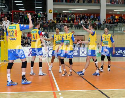 Volleyball. AVL-Halbfinale. SK Aich/Dob gegen Amstetten.  Jubel (Aich/Dob). Bleiburg, 23.3.2013.
Foto: Kuess
---
pressefotos, pressefotografie, kuess, qs, qspictures, sport, bild, bilder, bilddatenbank