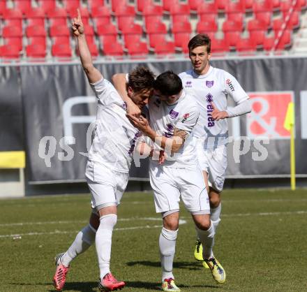 Fussball Regionalliga. SK Austria Klagenfurt gegen SV Wallern. Torjubel Grega Triplat, Rexhe Bytyci, Marco Leininger (Austria Klagenfurt). . Klagenfurt, 23.3.2013.
Foto: Kuess
---
pressefotos, pressefotografie, kuess, qs, qspictures, sport, bild, bilder, bilddatenbank