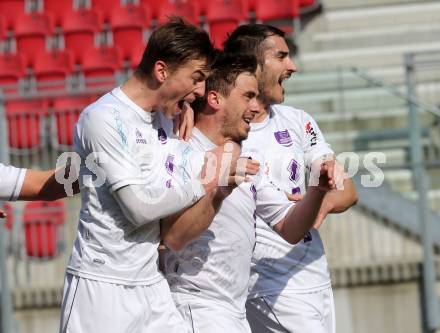 Fussball Regionalliga. SK Austria Klagenfurt gegen SV Wallern. Torjubel Grega Triplat, Rexhe Bytyci, Marco Leininger (Austria Klagenfurt). Klagenfurt, 23.3.2013.
Foto: Kuess
---
pressefotos, pressefotografie, kuess, qs, qspictures, sport, bild, bilder, bilddatenbank