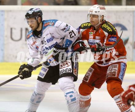 EBEL. Eishockey Bundesliga. EC KAC gegen EHC Liwest Black Wings Linz.  David Schuller,  (KAC), Philipp Lukas (Linz). Klagenfurt, am 24.3.2013.
Foto: Kuess 


---
pressefotos, pressefotografie, kuess, qs, qspictures, sport, bild, bilder, bilddatenbank