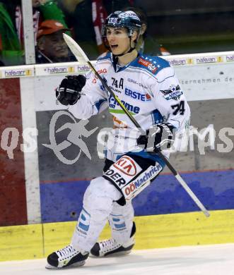 EBEL. Eishockey Bundesliga. EC KAC gegen EHC Liwest Black Wings Linz.  Torjubel Daniel Oberkofler (Linz). Klagenfurt, am 24.3.2013.
Foto: Kuess 


---
pressefotos, pressefotografie, kuess, qs, qspictures, sport, bild, bilder, bilddatenbank