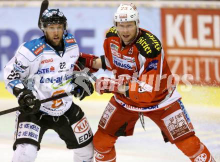 EBEL. Eishockey Bundesliga. EC KAC gegen EHC Liwest Black Wings Linz.  Mike Siklenka, (KAC), Brett Engelhardt  (Linz). Klagenfurt, am 24.3.2013.
Foto: Kuess 


---
pressefotos, pressefotografie, kuess, qs, qspictures, sport, bild, bilder, bilddatenbank