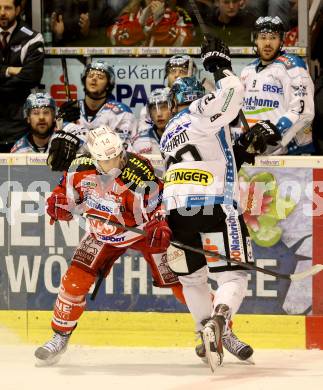 EBEL. Eishockey Bundesliga. EC KAC gegen EHC Liwest Black Wings Linz.  Johannes Reichel,  (KAC), Brett Engelhardt (Linz). Klagenfurt, am 24.3.2013.
Foto: Kuess 


---
pressefotos, pressefotografie, kuess, qs, qspictures, sport, bild, bilder, bilddatenbank