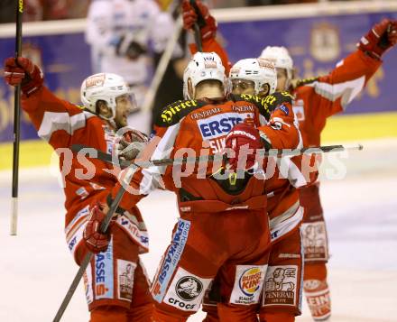 EBEL. Eishockey Bundesliga. EC KAC gegen EHC Liwest Black Wings Linz.  Torjubel KAC. Klagenfurt, am 24.3.2013.
Foto: Kuess 


---
pressefotos, pressefotografie, kuess, qs, qspictures, sport, bild, bilder, bilddatenbank