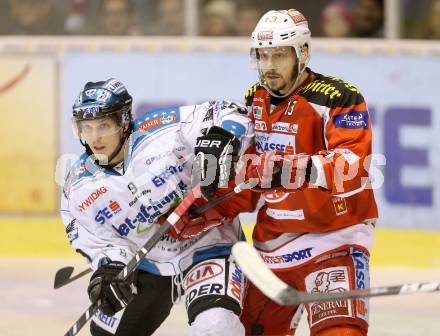 EBEL. Eishockey Bundesliga. EC KAC gegen EHC Liwest Black Wings Linz.  Johannes Kirisits,  (KAC), Danny Irmen (Linz).. Klagenfurt, am 24.3.2013.
Foto: Kuess 


---
pressefotos, pressefotografie, kuess, qs, qspictures, sport, bild, bilder, bilddatenbank