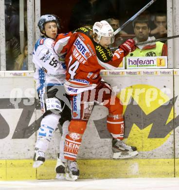 EBEL. Eishockey Bundesliga. EC KAC gegen EHC Liwest Black Wings Linz.  Jamie Lundmark, (KAC), Robert Lukas  (Linz). Klagenfurt, am 24.3.2013.
Foto: Kuess 


---
pressefotos, pressefotografie, kuess, qs, qspictures, sport, bild, bilder, bilddatenbank