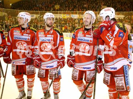 EBEL. Eishockey Bundesliga. EC KAC gegen EHC Liwest Black Wings Linz.  Nikolaus Holzer, Martin Schumnig, Johannes Kirisits, Thomas Hundertpfund (KAC). Klagenfurt, am 24.3.2013.
Foto: Kuess 


---
pressefotos, pressefotografie, kuess, qs, qspictures, sport, bild, bilder, bilddatenbank