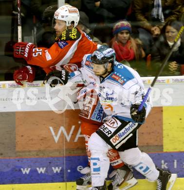 EBEL. Eishockey Bundesliga. EC KAC gegen EHC Liwest Black Wings Linz.  Kirk Furey, (KAC), Philipp Lukas (Linz). Klagenfurt, am 24.3.2013.
Foto: Kuess 


---
pressefotos, pressefotografie, kuess, qs, qspictures, sport, bild, bilder, bilddatenbank