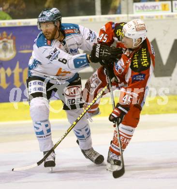 EBEL. Eishockey Bundesliga. EC KAC gegen EHC Liwest Black Wings Linz.  David Schuller, (KAC), Andrew Hedlund  (Linz). Klagenfurt, am 24.3.2013.
Foto: Kuess 


---
pressefotos, pressefotografie, kuess, qs, qspictures, sport, bild, bilder, bilddatenbank