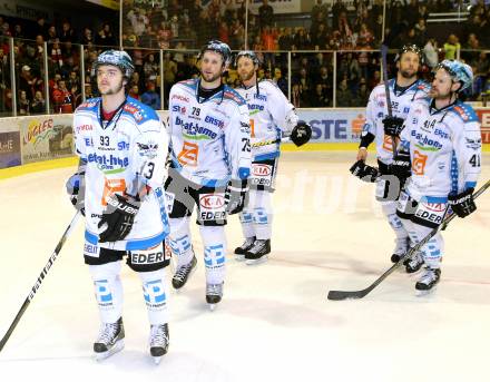 EBEL. Eishockey Bundesliga. EC KAC gegen EHC Liwest Black Wings Linz.  enttaeuschte Linzer Spieler. Klagenfurt, am 24.3.2013.
Foto: Kuess 


---
pressefotos, pressefotografie, kuess, qs, qspictures, sport, bild, bilder, bilddatenbank