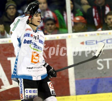 EBEL. Eishockey Bundesliga. EC KAC gegen EHC Liwest Black Wings Linz.  Torjubel Daniel Oberkofler (Linz). Klagenfurt, am 24.3.2013.
Foto: Kuess 


---
pressefotos, pressefotografie, kuess, qs, qspictures, sport, bild, bilder, bilddatenbank