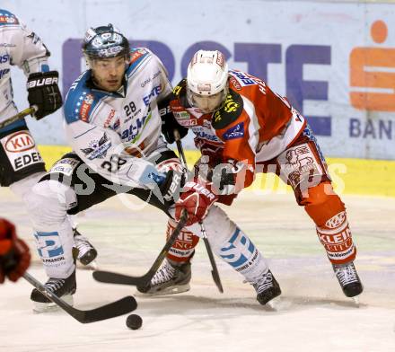 EBEL. Eishockey Bundesliga. EC KAC gegen EHC Liwest Black Wings Linz.  Raphael Herburger,  (KAC), Mike Ouellette (Linz). Klagenfurt, am 24.3.2013.
Foto: Kuess 


---
pressefotos, pressefotografie, kuess, qs, qspictures, sport, bild, bilder, bilddatenbank