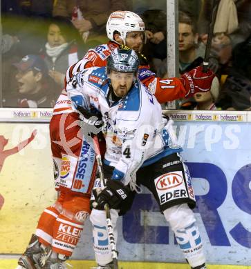 EBEL. Eishockey Bundesliga. EC KAC gegen EHC Liwest Black Wings Linz.  Johannes Reichel,  (KAC), Fabian Scholz (Linz). Klagenfurt, am 24.3.2013.
Foto: Kuess 


---
pressefotos, pressefotografie, kuess, qs, qspictures, sport, bild, bilder, bilddatenbank