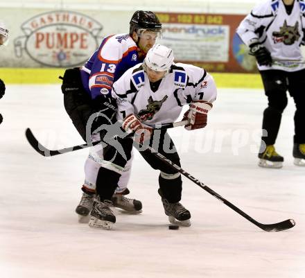 Eishockey NAHL. Finale. Tarco Woelfe Klagenfurt gegen Kapfenberg.  Emmanuel Jenko, (Tarco), Julian Stuehlinger  (Kapfenberg). Klagenfurt, 30.3.2013.
Foto: Kuess
---
pressefotos, pressefotografie, kuess, qs, qspictures, sport, bild, bilder, bilddatenbank