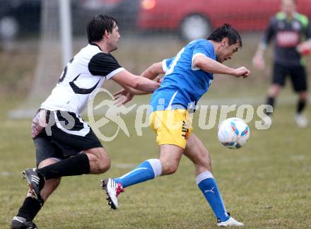 Fussball Kaerntner Liga. Maria Saal gegen Bleiburg. Christoph Noessler,  (Maria Saal), Almedin Hota (Bleiburg).
Maria Saal, 30.3.2013.
Foto: Kuess
---
pressefotos, pressefotografie, kuess, qs, qspictures, sport, bild, bilder, bilddatenbank