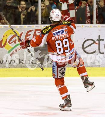 EBEL. Eishockey Bundesliga. EC KAC gegen PC Vienna Capitals.. Torjubel Raphael Herburger (KAC). Klagenfurt, am 31.3.2013.
Foto: Kuess 


---
pressefotos, pressefotografie, kuess, qs, qspictures, sport, bild, bilder, bilddatenbank