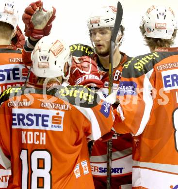 EBEL. Eishockey Bundesliga. EC KAC gegen PC Vienna Capitals.. Jubel Raphael Herburger, Thomas Koch (KAC). Klagenfurt, am 31.3.2013.
Foto: Kuess 


---
pressefotos, pressefotografie, kuess, qs, qspictures, sport, bild, bilder, bilddatenbank