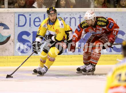 EBEL. Eishockey Bundesliga. EC KAC gegen PC Vienna Capitals..  Johannes Reichel,  (KAC),  Raphael Rotter (Caps). Klagenfurt, am 31.3.2013.
Foto: Kuess 


---
pressefotos, pressefotografie, kuess, qs, qspictures, sport, bild, bilder, bilddatenbank