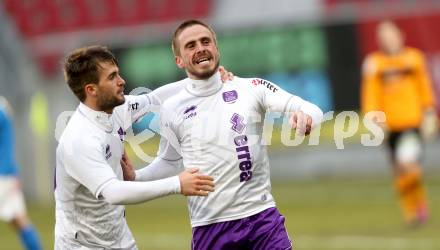 Fussball Regionalliga. SK Austria Klagenfurt gegen VSV. Torjubel Grega Triplat,  Darko Vasic (Austria Klagenfurt). Klagenfurt, 5.4.2013.
Foto: Kuess
---
pressefotos, pressefotografie, kuess, qs, qspictures, sport, bild, bilder, bilddatenbank