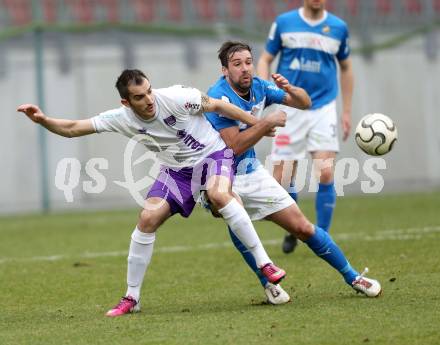 Fussball Regionalliga. SK Austria Klagenfurt gegen VSV. Rexhe Bytyci, (Austria Klagenfurt), Mario Steiner  (VSV). Klagenfurt, 5.4.2013.
Foto: Kuess
---
pressefotos, pressefotografie, kuess, qs, qspictures, sport, bild, bilder, bilddatenbank