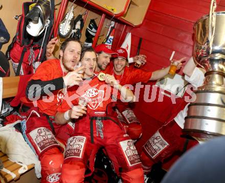 EBEL. Eishockey Bundesliga. EC KAC gegen PC Vienna Capitals.. Meisterjubel Manuel Geier, Maximilian Isopp, Johannes reiche, Thomas Hundertpfund(Meister KAC). Klagenfurt, am 4.5.2013.
Foto: Kuess 


---
pressefotos, pressefotografie, kuess, qs, qspictures, sport, bild, bilder, bilddatenbank