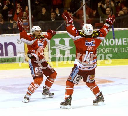 EBEL. Eishockey Bundesliga. EC KAC gegen PC Vienna Capitals.. Jubel Jamie Lundmark, Thomas Koch (KAC). Klagenfurt, am 4.5.2013.
Foto: Kuess 


---
pressefotos, pressefotografie, kuess, qs, qspictures, sport, bild, bilder, bilddatenbank