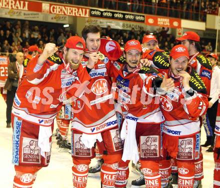 EBEL. Eishockey Bundesliga. EC KAC gegen PC Vienna Capitals.. Markus Pirmann, Nikolaus Holzer, Raphael Herburger, Manuel Geier (Meister KAC). Klagenfurt, am 4.5.2013.
Foto: Kuess 


---
pressefotos, pressefotografie, kuess, qs, qspictures, sport, bild, bilder, bilddatenbank