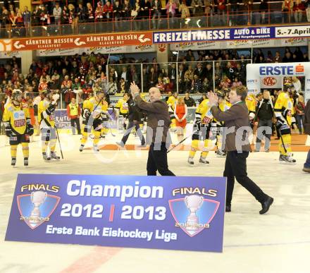 EBEL. Eishockey Bundesliga. EC KAC gegen PC Vienna Capitals.. Meisterjubel Trainer Christer Olsson, Co-Trainer Dieter Kalt (Meister KAC). Klagenfurt, am 4.5.2013.
Foto: Kuess 


---
pressefotos, pressefotografie, kuess, qs, qspictures, sport, bild, bilder, bilddatenbank