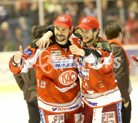 EBEL. Eishockey Bundesliga. EC KAC gegen PC Vienna Capitals.. Meisterjubel Florian Iberer, Raphael Herburger (Meister KAC). Klagenfurt, am 4.5.2013.
Foto: Kuess 


---
pressefotos, pressefotografie, kuess, qs, qspictures, sport, bild, bilder, bilddatenbank