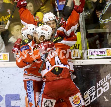 EBEL. Eishockey Bundesliga. EC KAC gegen PC Vienna Capitals.. Torjubel Thomas HUndertpfund, Markus Pirmann (KAC). Klagenfurt, am 4.5.2013.
Foto: Kuess 


---
pressefotos, pressefotografie, kuess, qs, qspictures, sport, bild, bilder, bilddatenbank