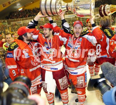 EBEL. Eishockey Bundesliga. EC KAC gegen PC Vienna Capitals.. Meisterjubel Tyler Spurgeon, Raphael Herburger, Manuel Geier (Meister KAC). Klagenfurt, am 4.5.2013.
Foto: Kuess 


---
pressefotos, pressefotografie, kuess, qs, qspictures, sport, bild, bilder, bilddatenbank