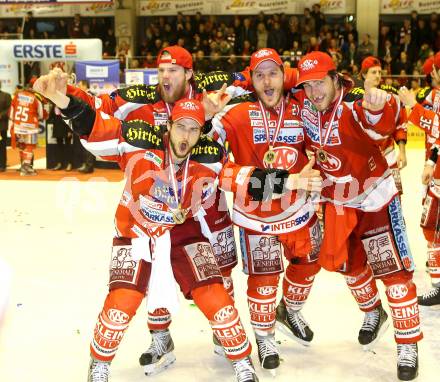 EBEL. Eishockey Bundesliga. EC KAC gegen PC Vienna Capitals..  Markus Pirmann, Raphael Herburger, Thomas Hundertpfund, Manuel Geier (Meister KAC). Klagenfurt, am 4.5.2013.
Foto: Kuess 


---
pressefotos, pressefotografie, kuess, qs, qspictures, sport, bild, bilder, bilddatenbank