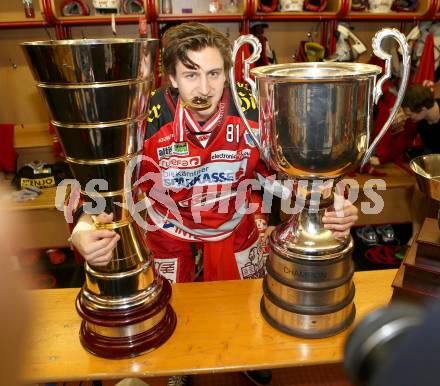 EBEL. Eishockey Bundesliga. EC KAC gegen PC Vienna Capitals.. Meisterjubel Maximilian Isopp (Meister KAC). Klagenfurt, am 4.5.2013.
Foto: Kuess 


---
pressefotos, pressefotografie, kuess, qs, qspictures, sport, bild, bilder, bilddatenbank