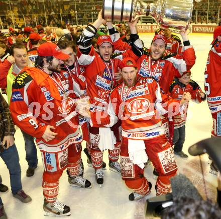 EBEL. Eishockey Bundesliga. EC KAC gegen PC Vienna Capitals.. Tyler Spurgeon, Maximilian Isopp, Raphael Herburger, Markus Pirmann, Manuel Geier (Meister KAC). Klagenfurt, am 4.5.2013.
Foto: Kuess 


---
pressefotos, pressefotografie, kuess, qs, qspictures, sport, bild, bilder, bilddatenbank