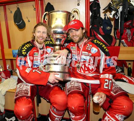 EBEL. Eishockey Bundesliga. EC KAC gegen PC Vienna Capitals.. Jamie Lundmark, John Lammers (Meister KAC). Klagenfurt, am 4.5.2013.
Foto: Kuess 


---
pressefotos, pressefotografie, kuess, qs, qspictures, sport, bild, bilder, bilddatenbank