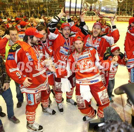 EBEL. Eishockey Bundesliga. EC KAC gegen PC Vienna Capitals.. Meisterjubel Tyler Spurgeon, Maximilian Isopp, Raphael Herburger, Markus Pirmann, Manuel Geier (Meister KAC). Klagenfurt, am 4.5.2013.
Foto: Kuess 


---
pressefotos, pressefotografie, kuess, qs, qspictures, sport, bild, bilder, bilddatenbank