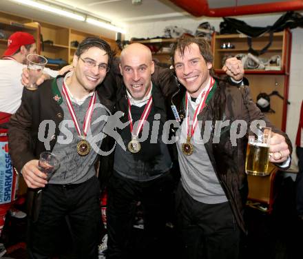 EBEL. Eishockey Bundesliga. EC KAC gegen PC Vienna Capitals.. Meisterjubel Pierre Beaulieu, Christer Olsson, Dieter Kalt (Meister KAC). Klagenfurt, am 4.5.2013.
Foto: Kuess 


---
pressefotos, pressefotografie, kuess, qs, qspictures, sport, bild, bilder, bilddatenbank