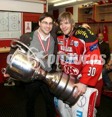 EBEL. Eishockey Bundesliga. EC KAC gegen PC Vienna Capitals.. Pierre Beaulieu, Rene Swette (Meister KAC). Klagenfurt, am 4.5.2013.
Foto: Kuess 


---
pressefotos, pressefotografie, kuess, qs, qspictures, sport, bild, bilder, bilddatenbank