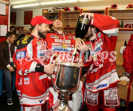 EBEL. Eishockey Bundesliga. EC KAC gegen PC Vienna Capitals.. Thomas Koch, Rene Swette, Tyler Spurgeon (Meister KAC). Klagenfurt, am 4.5.2013.
Foto: Kuess 


---
pressefotos, pressefotografie, kuess, qs, qspictures, sport, bild, bilder, bilddatenbank