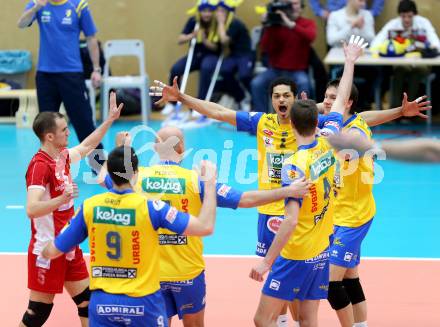 Volleyball. AVL Finalspiel. Aich/Dob gegen Hypo Tirol. Jubel (Aich/Dob). Bleiburg, 10.4.2013.
Foto: Kuess

---
pressefotos, pressefotografie, kuess, qs, qspictures, sport, bild, bilder, bilddatenbank