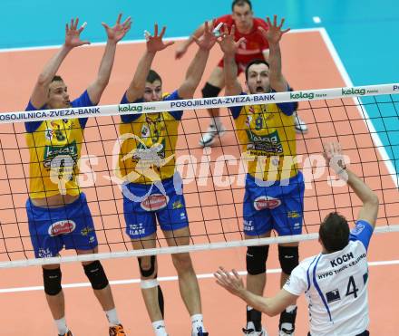 Volleyball. AVL Finalspiel. Aich/Dob gegen Hypo Tirol. SATLER Rok,  HRUSKA Michal, GRUT Andrej (Aich/Dob). Bleiburg, 10.4.2013.
Foto: Kuess

---
pressefotos, pressefotografie, kuess, qs, qspictures, sport, bild, bilder, bilddatenbank