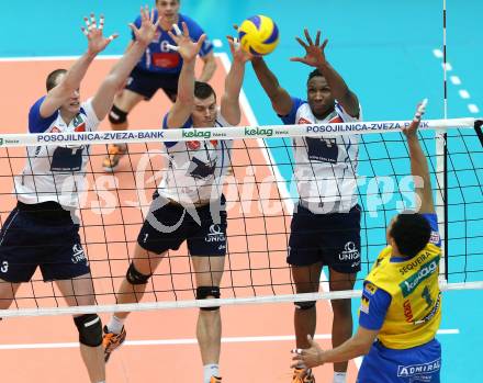 Volleyball. AVL Finalspiel. Aich/Dob gegen Hypo Tirol. De Sousa Sequeira Valdir (Aich/Dob), David Szabo, Davor Cebron, Ronald Jimenez (Tirol). Bleiburg, 10.4.2013.
Foto: Kuess

---
pressefotos, pressefotografie, kuess, qs, qspictures, sport, bild, bilder, bilddatenbank