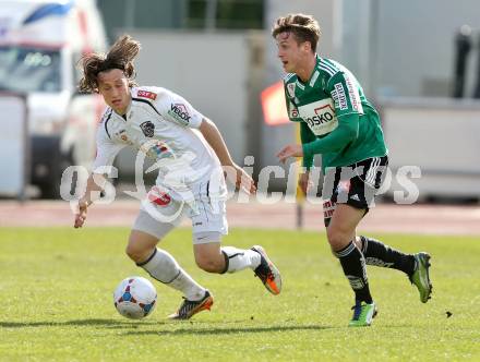 Fussball. Bundesliga. RZ Pellets WAC gegen SV Josko Ried.  Dario Baldauf,   (WAC), Rene Gartler (Ried). Wolfsberg, 13.4.2013.
Foto: Kuess

---
pressefotos, pressefotografie, kuess, qs, qspictures, sport, bild, bilder, bilddatenbank