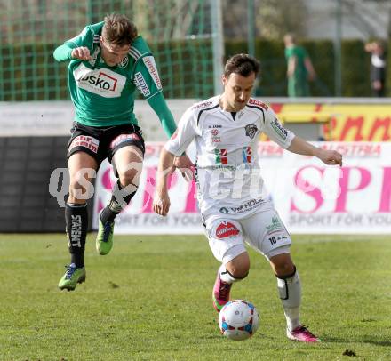 Fussball. Bundesliga. RZ Pellets WAC gegen SV Josko Ried.   Michael Liendl, (WAC), Rene Gartler  (Ried). Wolfsberg, 13.4.2013.
Foto: Kuess

---
pressefotos, pressefotografie, kuess, qs, qspictures, sport, bild, bilder, bilddatenbank