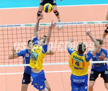 Volleyball. AVL Finalspiel. Aich/Dob gegen Hypo Tirol.  Satler Rok, Csoma Krisztian (Aich/Dob), Daniel Gavan (Tirol). Bleiburg, 24.4.2013.
Foto: Kuess

---
pressefotos, pressefotografie, kuess, qs, qspictures, sport, bild, bilder, bilddatenbank