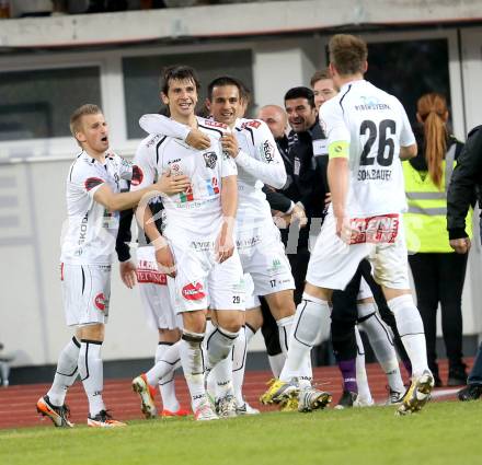 Fussball. Bundesliga.  RZ Pellets WAC gegen SK Puntigamer Sturm Graz.  Torjubel Manuel Kerhe, Mihret Topcagic, Nenad Jovanovic (WAC). Wolfsberg, 27.4.2013.
Foto: Kuess

---
pressefotos, pressefotografie, kuess, qs, qspictures, sport, bild, bilder, bilddatenbank