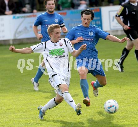 Fussball Unterliga Ost. Ludmannsdorf gegen ASV. Hobel Julian (Ludmannsdorf), Rabl Hans Christian (ASV). Ludmannsdorf, am 28.4.2013.
Foto: Kuess
---
pressefotos, pressefotografie, kuess, qs, qspictures, sport, bild, bilder, bilddatenbank