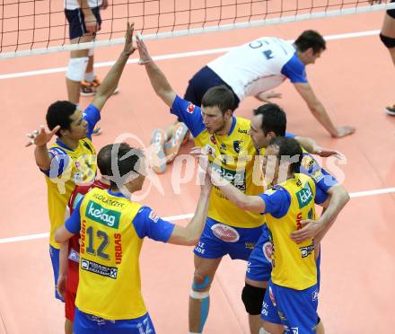 Volleyball. AVL Finalspiel. Aich/Dob gegen Hypo Tirol.  Jubel (Aich/Dob). Bleiburg, 30.4.2013.
Foto: Kuess

---
pressefotos, pressefotografie, kuess, qs, qspictures, sport, bild, bilder, bilddatenbank